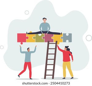 Teamwork puzzle and work collaboration with partnership .Jigsaw pieces match and assemble as business problem solution.flat design with people.