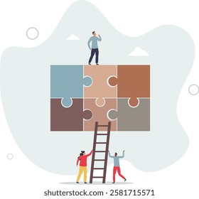 Teamwork puzzle and work collaboration with partnership .Jigsaw pieces match and assemble as business problem solution.flat characters.