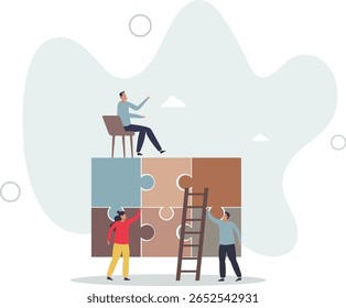 Rompecabezas de trabajo en equipo y colaboración de trabajo con la asociación. Las piezas de rompecabezas coinciden y se ensamblan como solución de problemas comerciales. vida del personaje.