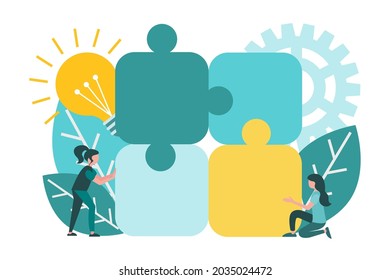 Teamwork puzzles, brainstorming, collaboration, corporate business. Employees put jigsaw puzzles, ideas and technical support. Concept vector illustration.