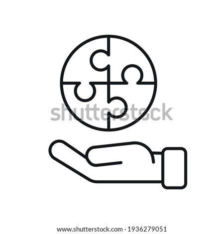 Teamwork puzzles with hand related vector linear icon. Synergy, collaboration, research. Editable stroke