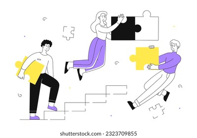 Travail d'équipe avec concept de ligne de casse-têtes. Partenaires et collègues. Collaboration et coopération. Organisation d'un flux de travail efficace. Projet d'entreprise ou démarrage. Illustration vectorielle linéaire à plat