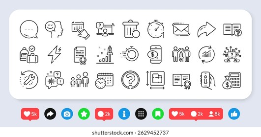 Teamwork question, Help and Recovery trash line icons pack. Social media: share, comment, like icons. Partnership, Power, Update data web icon. Vector