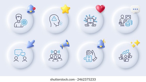 Teamwork question, People chatting and Puzzle line icons. Buttons with 3d bell, chat speech, cursor. Pack of Money profit, Teamwork chart, Support icon. Cough, Team work pictogram. Vector