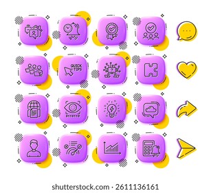 Teamwork question, Time management and Inspiration line icons. App 3d buttons. Social media comment, share, like icons. Pack of Headshot, Work home, Puzzle icon. Vector
