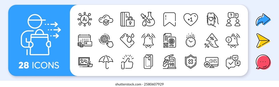 Teamwork questions, Cogwheel settings and Cloud computing line icons. Interest rate, AI generate, Inflation icons. Pack of Report statistics, Smartphone glass, Dating app icon. Vector