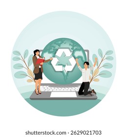 Teamwork and recycling advocacy using global technology to encourage a sustainable lifestyle, featuring individuals near a globe and a laptop with a recycling logo.