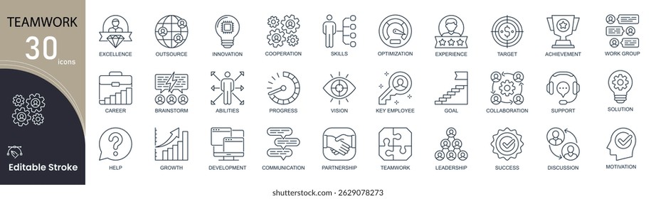  Conjunto de ícones de linha relacionados ao trabalho em equipe. Pacote de equipe, planejamento, conexão, cooperação, otimização, brainstorm, realização e outros. Ícones editáveis de traçado .Contorno..