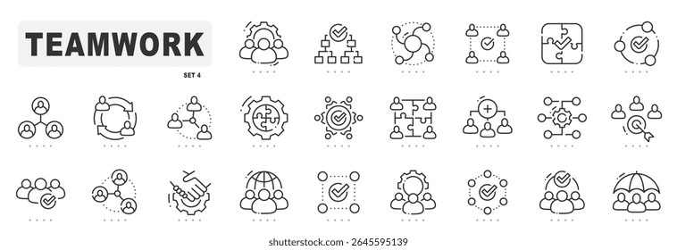 Teamwork related line icons. Together, partnership, cooperation etc. Editable stroke