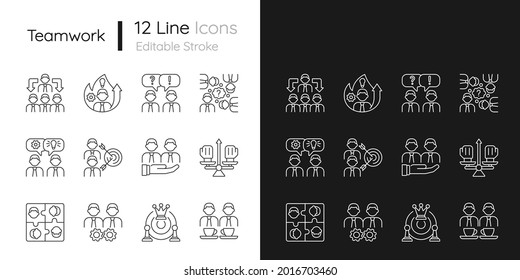 Teamwork related linear icons set for dark and light mode. Common goals and its achievement. Business strategy. Customizable thin line symbols. Isolated vector outline illustrations. Editable stroke