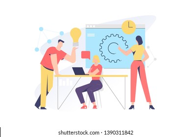 Teamwork related, vector illustration concept for application and website development. The illustration contains business people, employees, clients, men and woman characters.