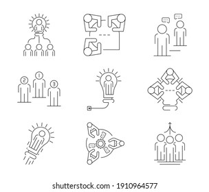 Teamwork Related Vector Line Icons Simple Set of 9. Includes Icons such as Collaboration, Research, Meeting, leadership, communication and more. Editable Stroke. Modern line art icon set.