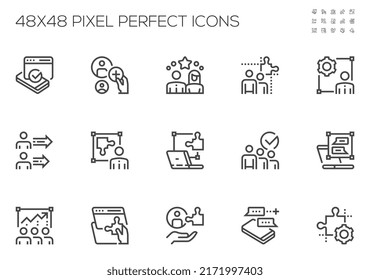 Teamwork Related Vector Line Icons Set. Business Management, Cooperation, Meetings. Editable Stroke. 48x48 Pixel Perfect.