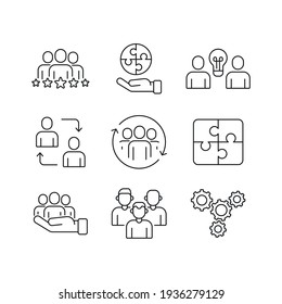 Teamwork related vector linear icons set. Contains icons such as synergy, collaboration, research, meetings and more. Editable stroke