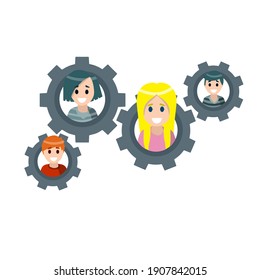 Trabajo en equipo. Relaciones entre personas. Concepto social. Engranaje con las cabezas de hombres y mujeres. Colegas y cooperación. Dibujo plano