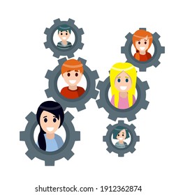 Teamwork. Relationships between people. Social concept. Gear with the heads of men and women. Colleagues and co-operation. Flat cartoon