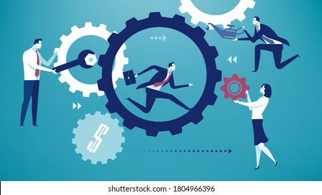 Teamwork. Repair of a business machine. Business persons improve machine performance. Business vector illustration.
