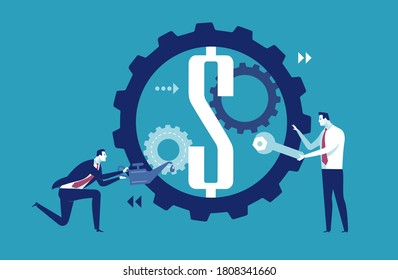 Teamwork. Repair of a business machine. Business persons improve machine performance. Business vector illustration.