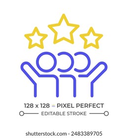 Teamwork reward two color line icon. Team members and stars bicolor outline symbol. Collective achievement. Team success. Duotone linear pictogram. Isolated illustration. Editable stroke