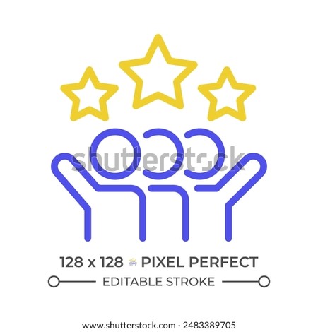 Teamwork reward two color line icon. Team members and stars bicolor outline symbol. Collective achievement. Team success. Duotone linear pictogram. Isolated illustration. Editable stroke