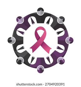 Anillo de trabajo en equipo con centro de cinta, íconos de personas diversas, tema de cuidado colectivo, Asistencia de conciencia, red de caridad, insignia de Vector contemporáneo