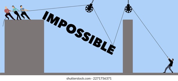 Teamwork  and a rope and pulleys are used to life the typed word impossible into position in a vector illustration about teamwork.