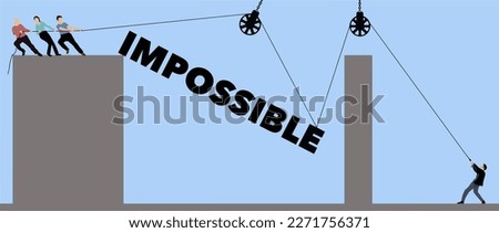 Teamwork  and a rope and pulleys are used to life the typed word impossible into position in a vector illustration about teamwork.