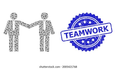 Teamwork rubber stamp seal and vector recursion composition businessmen relations. Blue stamp seal has Teamwork tag inside rosette.