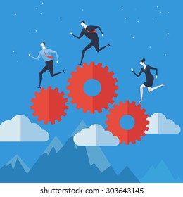 Teamwork running on gear system. Vector Illustration Business concept a ladder Corporate of success. 