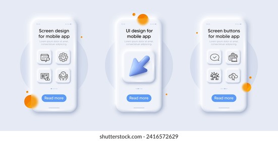 Teamwork, Safe time and Instruction manual line icons pack. 3d phone mockups with cursor. Glass smartphone screen. Software, Approved message, Cloud upload web icon. Vector