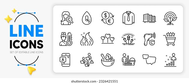Teamwork, Salad and Currency exchange line icons set for app include Buildings, Fire energy, Electronic thermometer outline thin icon. Love heart, Ab testing, Fireworks rocket pictogram icon. Vector
