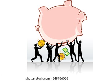 Teamwork Savings Withdrawal-group of  businessmen emptying a big piggy bank, traced from my artwork