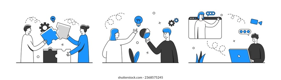 Teamwork-Szenen gesetzt. Büros mit Geschäftsleuten. Workflow-Konzept. Erfolgreiches Teamwork-Konzept. Vektorgrafik