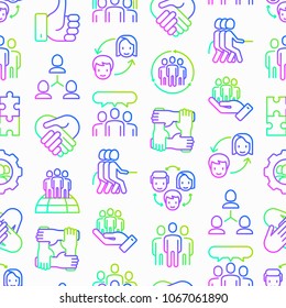 Teamwork seamless pattern with thin line icons: group of people, mutual assistance, meeting, handshake, tug-of-war, cooperation, puzzle, team spirit, cooperation. Modern vector illustration.