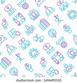 Teamwork seamless pattern with thin line icons: relay race, brainstorm, success, meeting, idea share, collaboration, joint project, unity, support, delegation, bonus. Modern vector illustration.