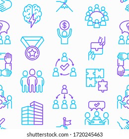 Teamwork seamless pattern with thin line icons: relay race, brainstorm, success, meeting, idea share, collaboration, joint project, unity, support, delegation, bonus. Modern vector illustration.