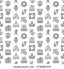 Teamwork seamless pattern with thin line icons: relay race, brainstorm, success, meeting, idea share, collaboration, joint project, unity, support, delegation, bonus. Modern vector illustration.