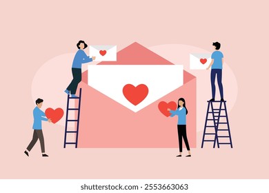 Teamwork in Sending Love Messages 2d flat vector illustrations