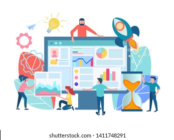 Teamwork seo optimization of web site concept. The characters are working on the design of the site, the design of the web page, programmers and web designers develop the site.