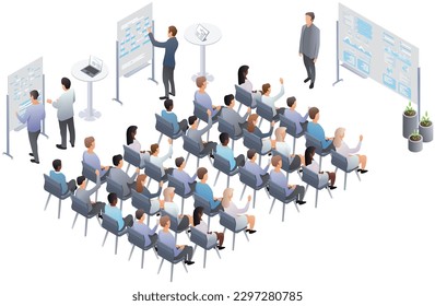 Teamwork set with business presentation conference coworking workplace brainstorming and discussion isolated. Indicators and schedules process, coaching. Meeting in conference hall. Vector isometric