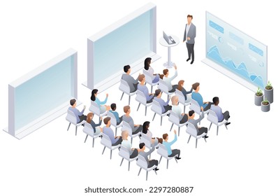 Teamwork set with business presentation conference coworking workplace brainstorming and discussion isolated. Indicators and schedules process, coaching. Meeting in conference hall. Vector isometric 