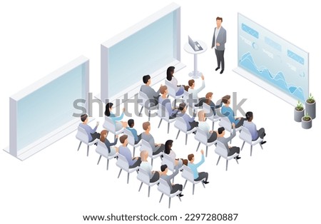 Teamwork set with business presentation conference coworking workplace brainstorming and discussion isolated. Indicators and schedules process, coaching. Meeting in conference hall. Vector isometric 