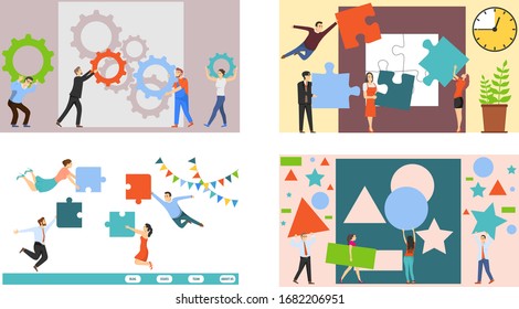 Teamwork, set of horizontal teamwork banners. Vector illustration of teamwork, cooperation. Vector.