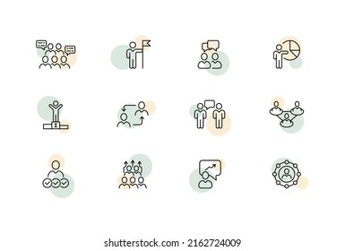 Teamwork set icon. Achieve goals, employee, flag, communication, victory, report, help, company, group, exchange information. Business concept. Vector line icon for Business and Advertising.
