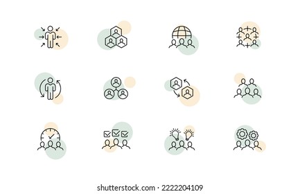 Teamwork set icon. Employee, circular arrows, gear, planet, workflow, creative idea, clock, checkmark, light bulb, company, schedule. Business concept. Vector line icon for Business and Advertising