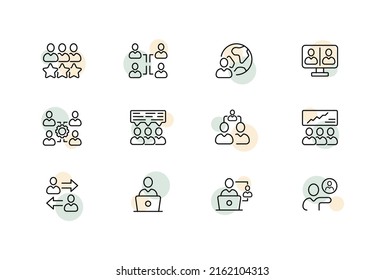 Teamwork set icon. Employees, people, stars, planet, computer, communication, statistics, exchange information, subordinates. Business concept. Vector line icon for Business and Advertising.