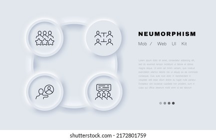 Teamwork Set Icon. Remote Work, Delegation, Chart, Feedback, Community, Team Building, Computer, Business. Infographic Concept. Neomorphism Style. Vector Line Icon For Business And Advertising