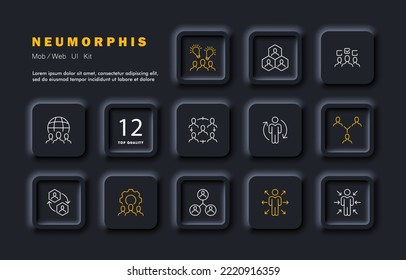 Teamwork set icon. Time management, idea, inspiration, lamp, creativity, work, lamp. light bulb, muse, hierarchy, lighting, target, sight, candle, wax. Infographic concept. Neomorphism