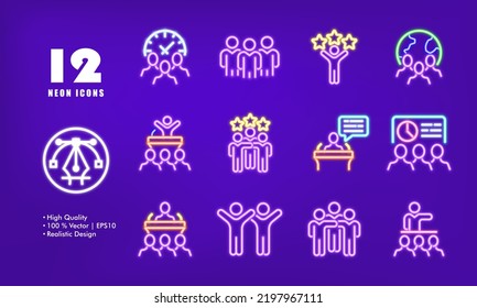 Teamwork Set Icon. Workflow, Work In Office, Clock, Employees, Stars, Achievements, Give A Speech, Tribune, Distribute Tasks, Branch, Strategy. Business Concept. Neon Glow Style. Vector Line Icon.