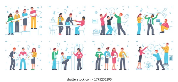 Teamwork set with isolated compositions of silhouette pictograms icons and doodle human characters of fellow workers vector illustration